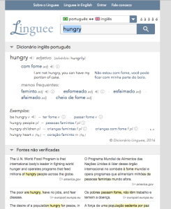 Tela do site linguee.com com a tradução de hungry em inglês para português